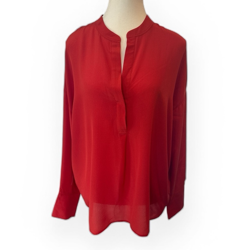 Vince Silk Band Collar Blouse Adobe Red Long Sleeve Minimalist Size M - Picture 2 of 12